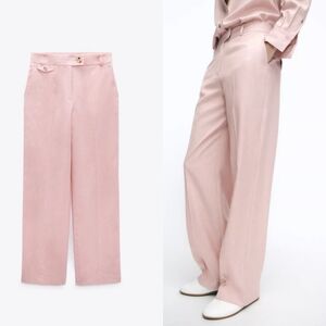 Zara Straight Leg Linen Blend Pants Pink Size M New With Tag